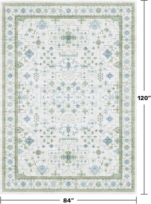 Hazo Haus Area Rug - Vintage Boho Floral Design in Blue & Green | 7x10 Washable Non-Slip Extra Large Rug