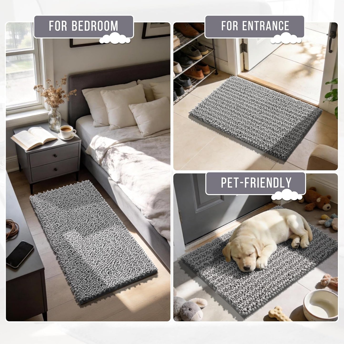 Yimobra Non-Slip Bathroom Rug - Ultra Soft Chenille Bath Mat, Quick Dry Shaggy Carpet, Gray | 24x17 Inch