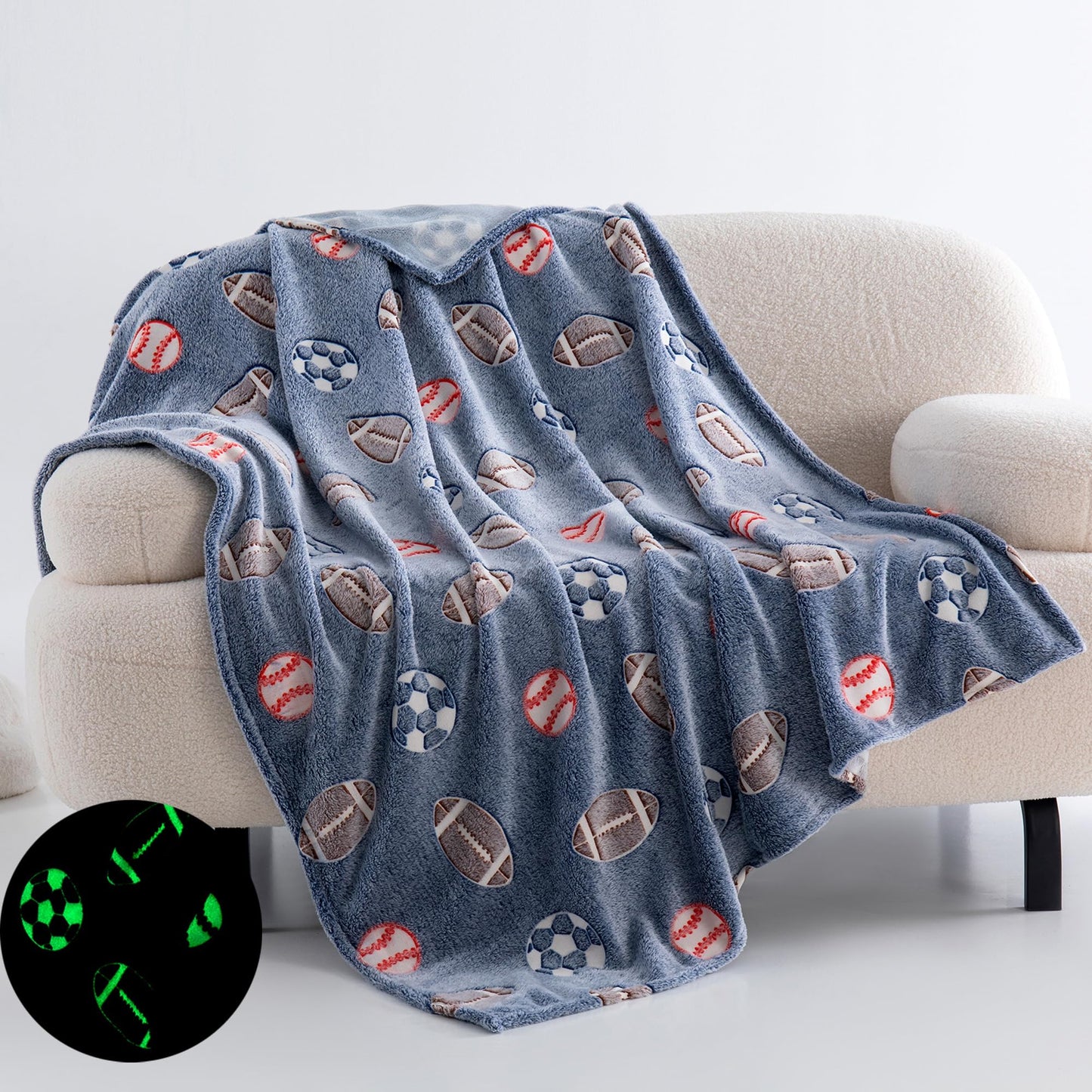 QSTEHEML Soccer Glow in The Dark Blanket,Football Gifts Toys for Kids Boys Age 3-12 Years Old, Birthday Gifts Luminous Sports Throw Blanket 50"×60"