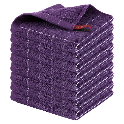 Homaxy 100% Cotton Terry Kitchen Towels(Purple, 13 x 28 inches), Checkered Designed, Soft and Super Absorbent Dish Towels, 8 Pack