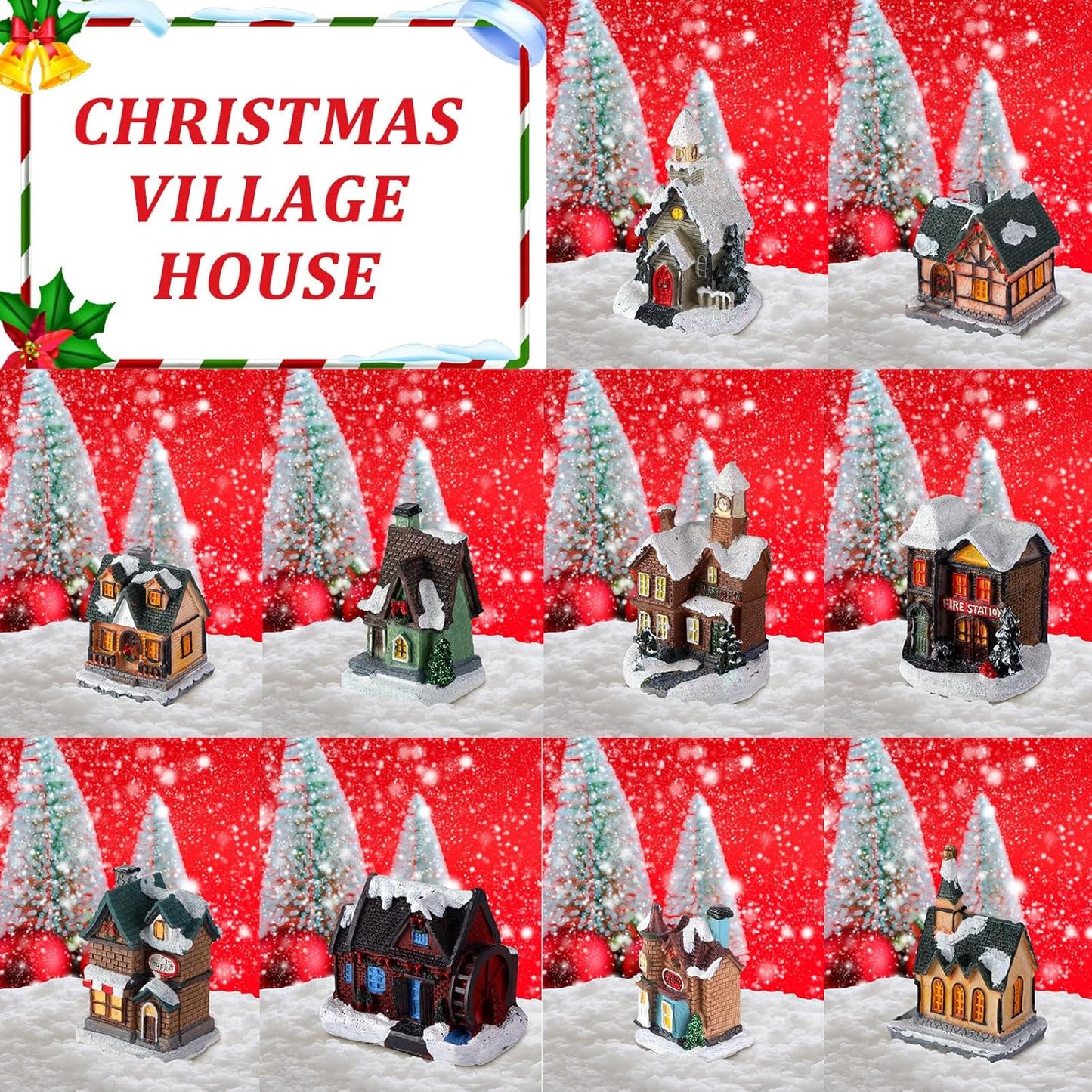Shappy Christmas Village Houses Set - 48 Pcs with 10 Light-Up Buildings, Mini Trees & LED Lights