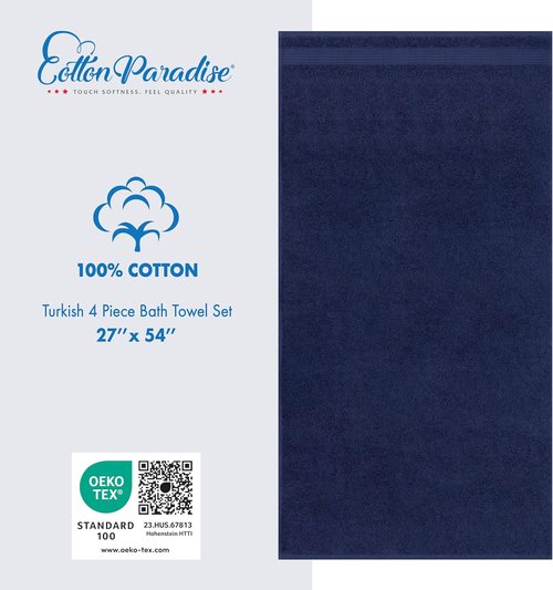 Cotton Paradise Extra Large 4-Piece Turkish Bath Towels Set - 100% Soft Plush Cotton | Navy Blue