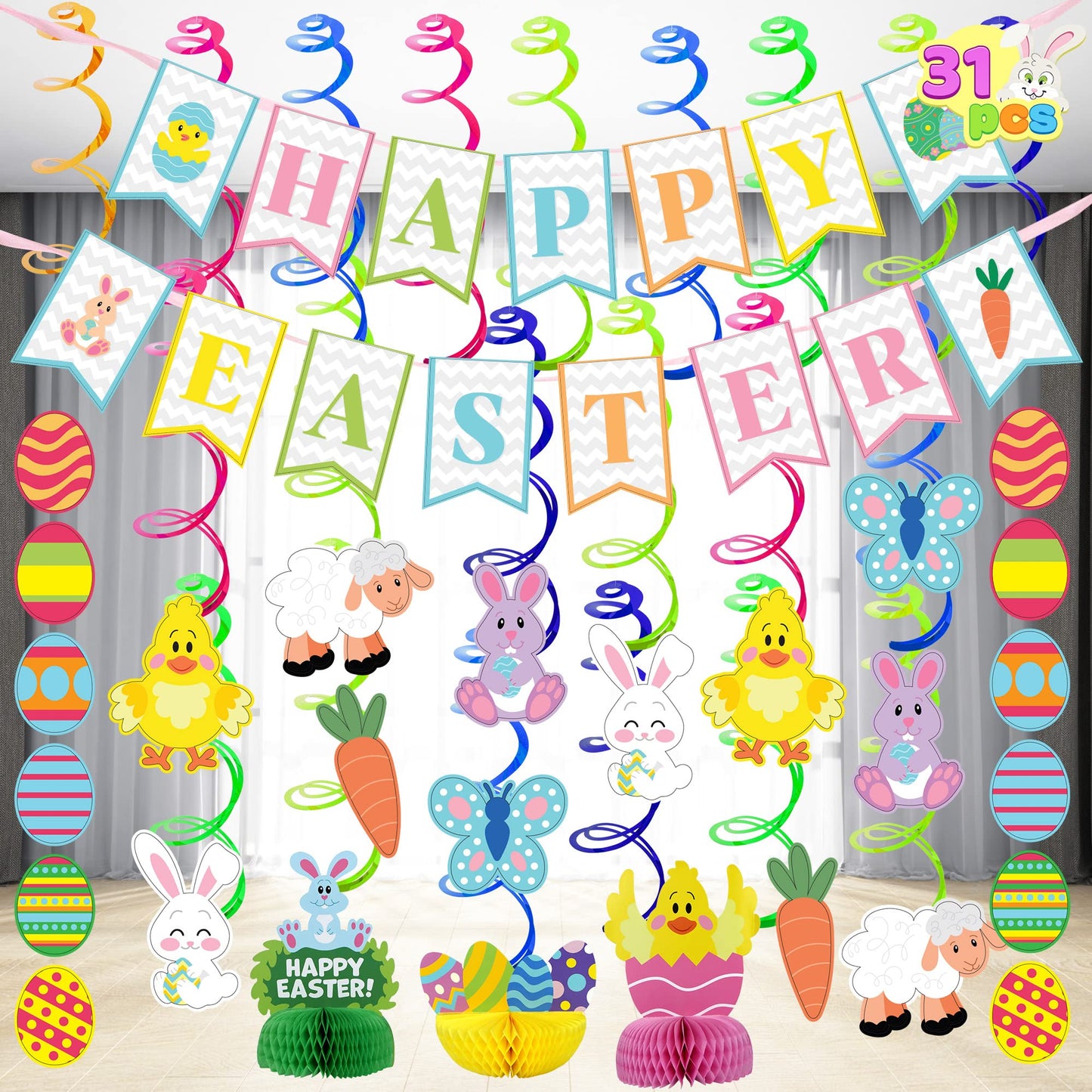 JOYIN 31 PCS Easter Decorations Spring Decor Egg Bunny Foil Swirl Party Hanging Decoration Huge Value Kit for Easter Home Themed Party