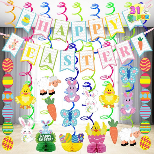 JOYIN 31 PCS Easter Decorations Spring Decor Egg Bunny Foil Swirl Party Hanging Decoration Huge Value Kit for Easter Home Themed Party