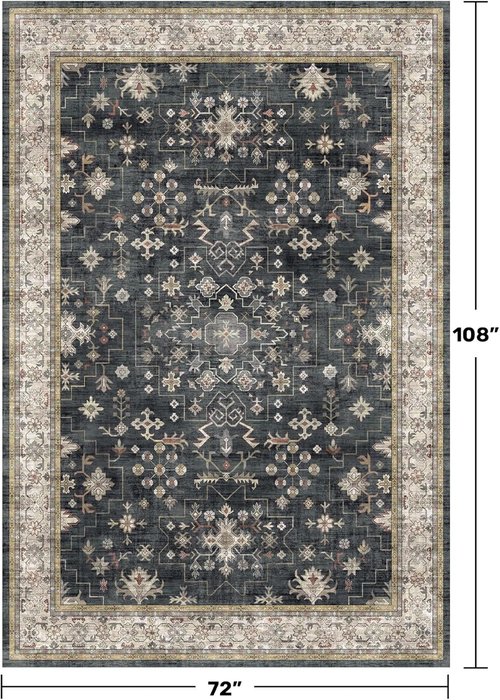 Boho Area Rugs by [Brand Name] - Washable 6x9 Black Dining Room Rug | Non-Slip Low Pile for Living Room & Bedroom