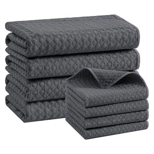 Homaxy Microfiber Waffle Weave Kitchen Towels Set, 16 x 28 Inch and 12 x 12 Inch Ultra Absorbent and Solid Color Dish Towels, 8 Pack, Dark Grey