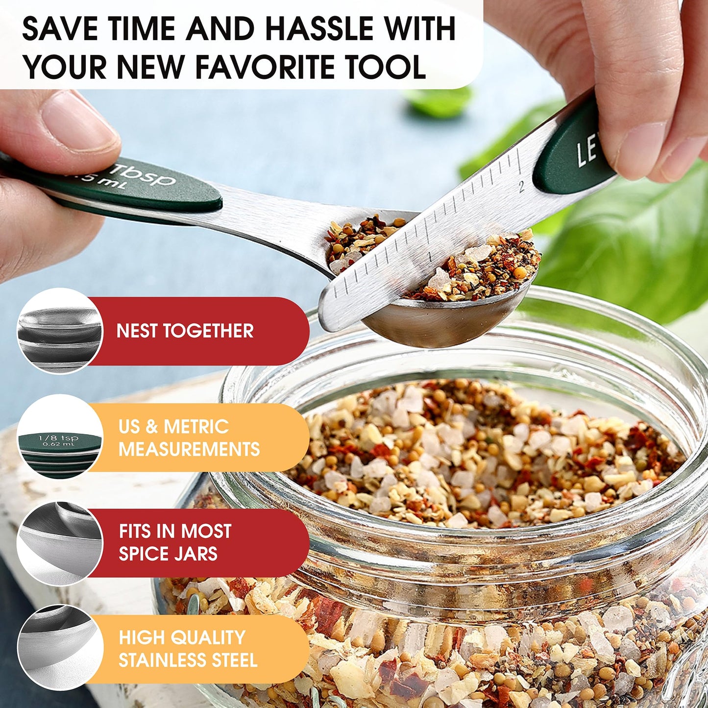 Spring Chef Stainless Steel Magnetic Measuring Spoons Set of 8 with Leveler, Stackable Magnetic Teaspoon & Tablespoon Set, Metal Kitchen Gadgets for Baking & Cooking, Fits in Spice Jars - Pine Green