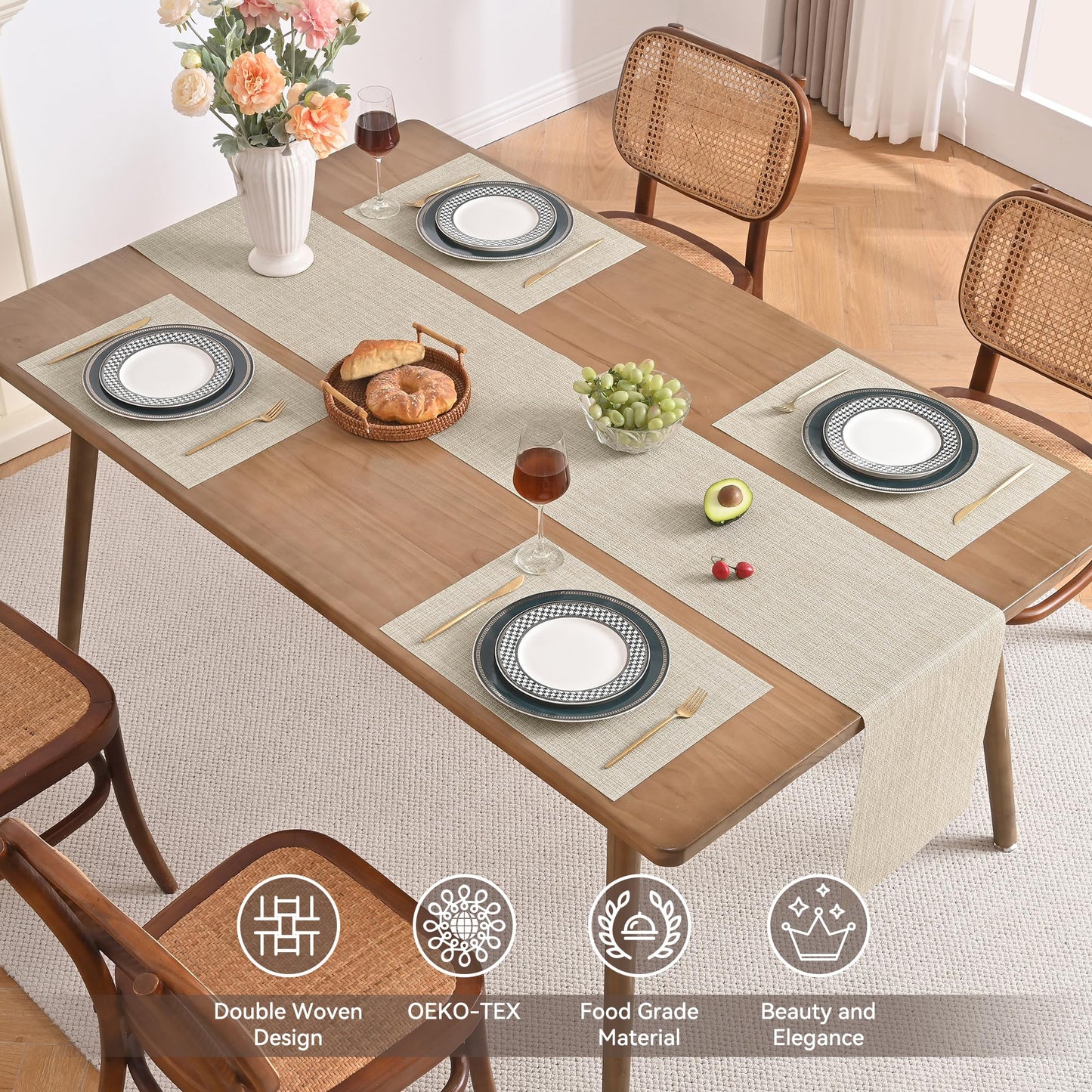 Leetaltree Beige Table Runner and Placemats Set of 5, Heat Resistant Non-Slip Place mats for Dining Table, Washable Durable PVC Vinyl Woven Table Runner Set