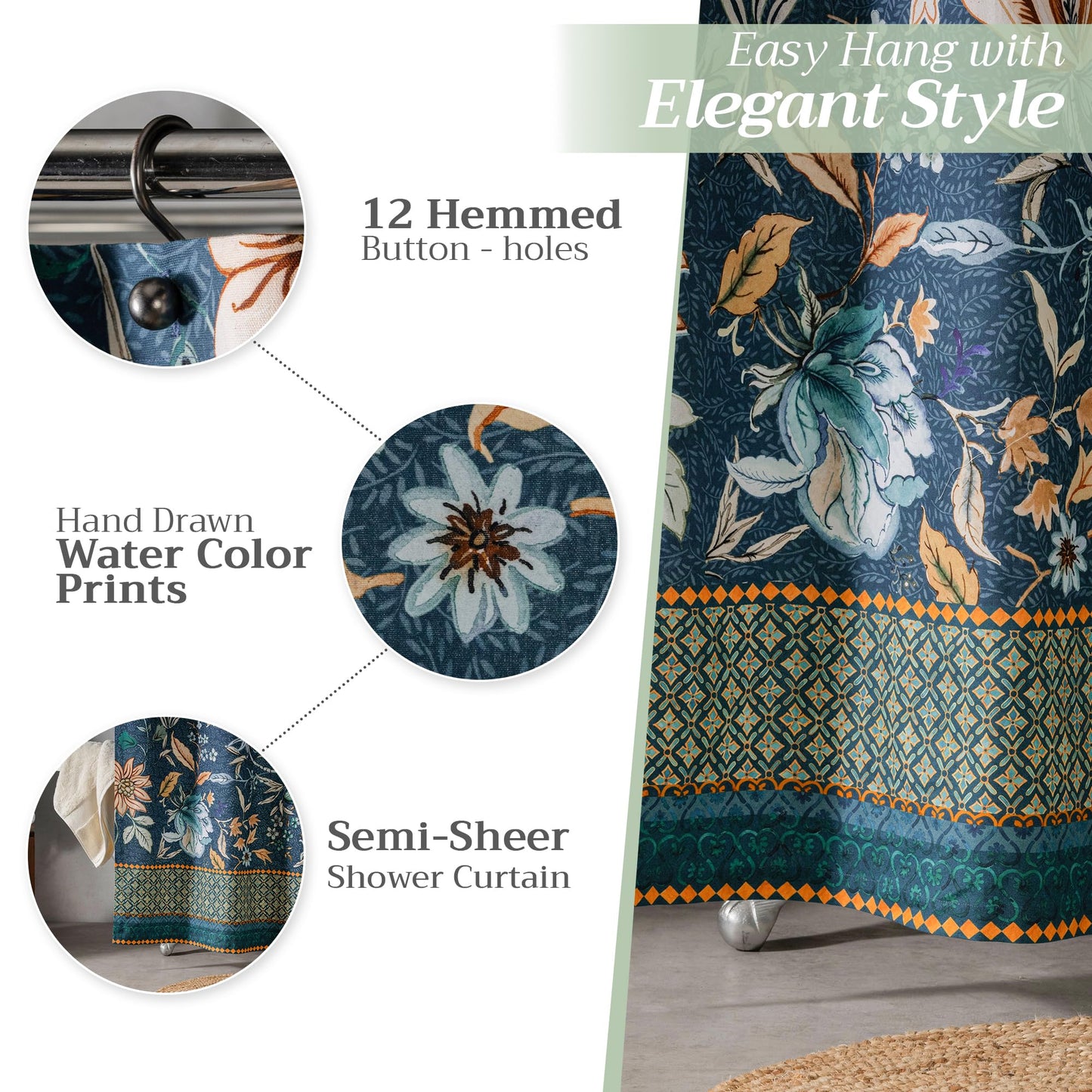 Maison d' Hermine Shower Curtain 100% Cotton One Panel 70"x72" Washable Fabric Shower Curtains for Bathroom, Easy Hanging with 12 Button Holes -Home Spa Gifts for Mothers Day (Luxury Loft - Dark Teal)