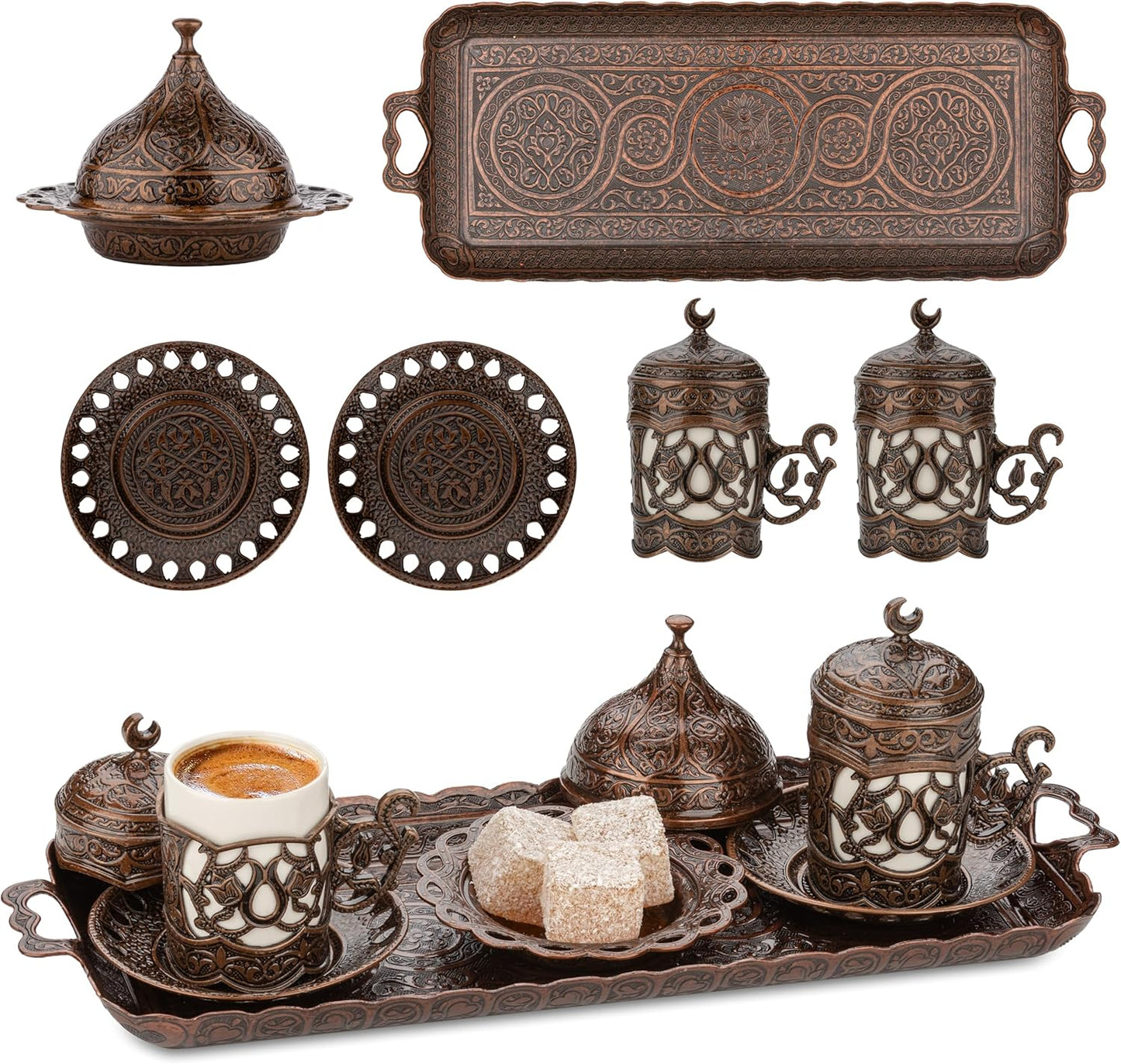Alisveristime Ottoman Turkish Greek Arabic Espresso Coffee Cups with Saucer and Lid (Set of 2) (Hilal) (Silver)