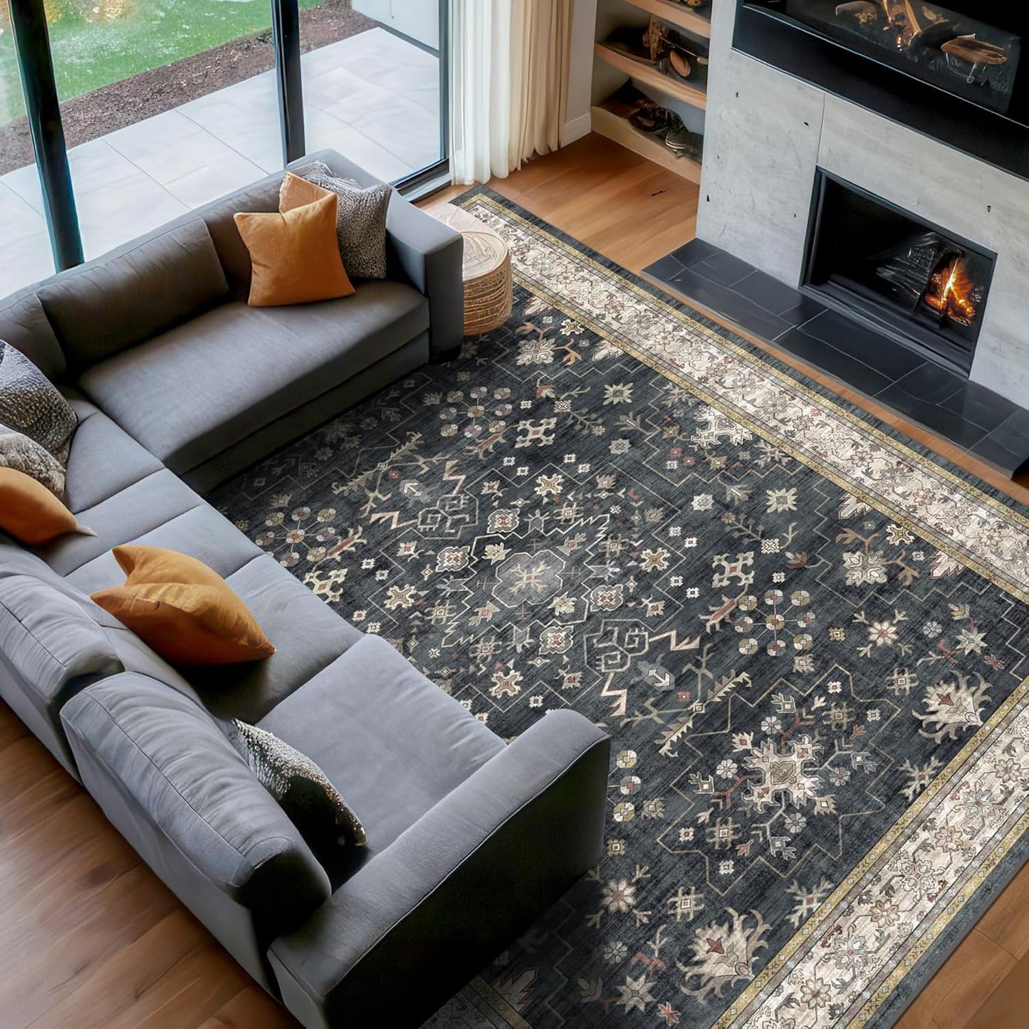 Skiennix Black Boho Rug - Washable Vintage Soft Low Pile Carpet for Living Room 8x12 | Non-Slip Design for High Traffic Areas