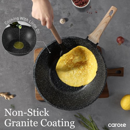 CAROTE Non-Stick Wok - 12'' Granite Stir-Fry Pan with Lid | 5.3QT Induction Cookware
