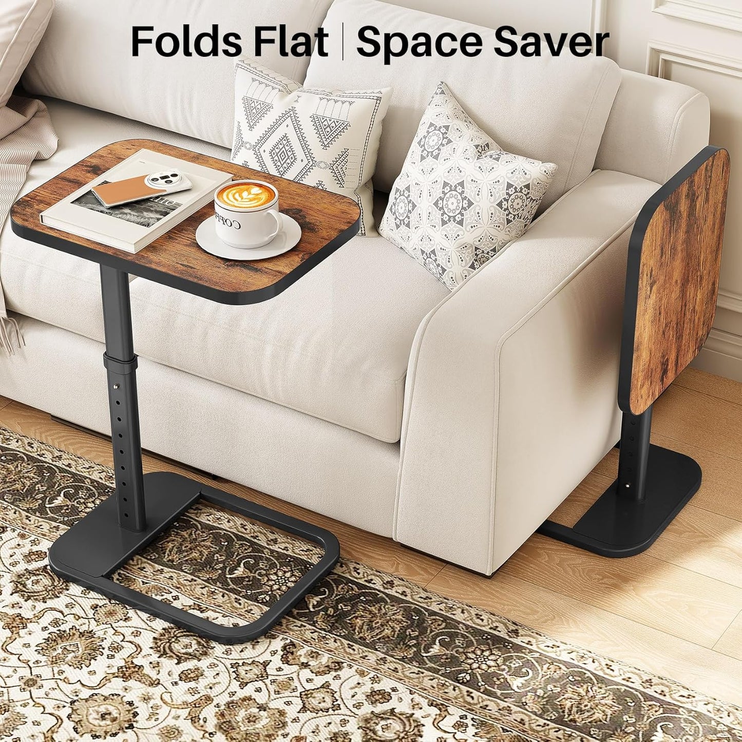 Kitstorack TV Tray Table - Adjustable Height & Flip-Top Design | C-Shaped Snack Table for Couch & Sofa