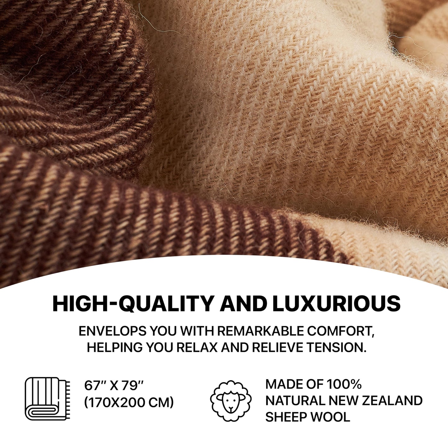 Cozy Blankets - New Zealand Virgin Wool Throw Blanket, Indoor and Outdoor Blankets and Throws, Comfortable Soft Blanket with Fringes and Tartan Pattern, 67 x 79 in, Queen Size, Brown
