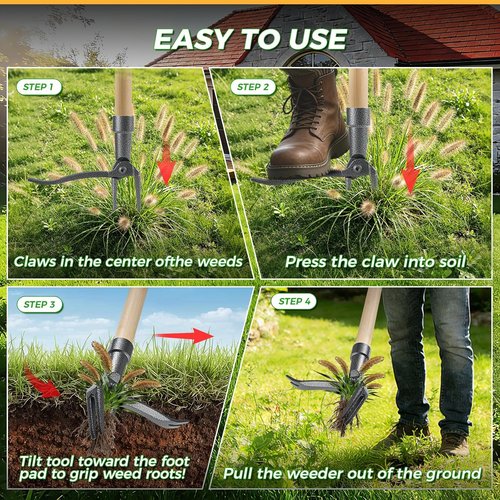 Garden Weasel Weed Puller Tool - Heavy Duty 4-Claw Root Removal with Long Handle | Effortless Weeding