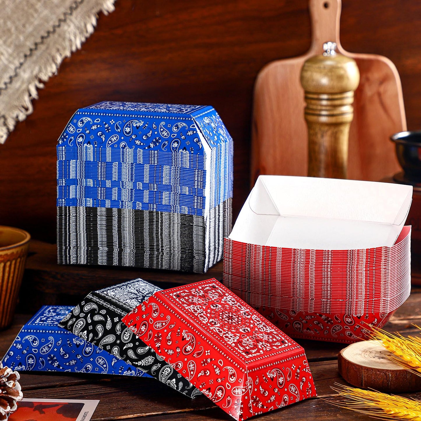 Gejoy 120 Pcs Western Party Plates 1 lb Cowboy Plates Bulk Bandana Paper Food Trays for Rodeo Cholo Party 250th Anniversary Decorations(Red Blue Black)