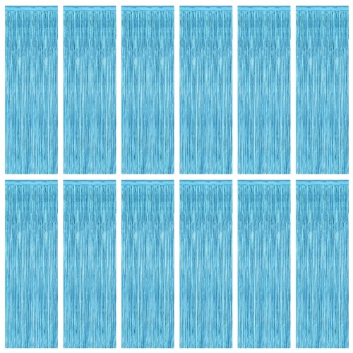 12 Pack Party Decorations, 3.28 FT x 7.05 FT Sky Blue Curtains, Metallic Party Streamers Photo Booth Backdrop Foil Fringe Curtains, Light Blue Winter Wonderland Backdrop Birthday Decor