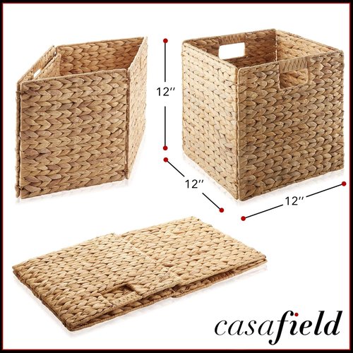 Casafield Storage Baskets - 12" x 12" Natural Water Hyacinth Organizers | Set of 4 Collapsible Bins for Home