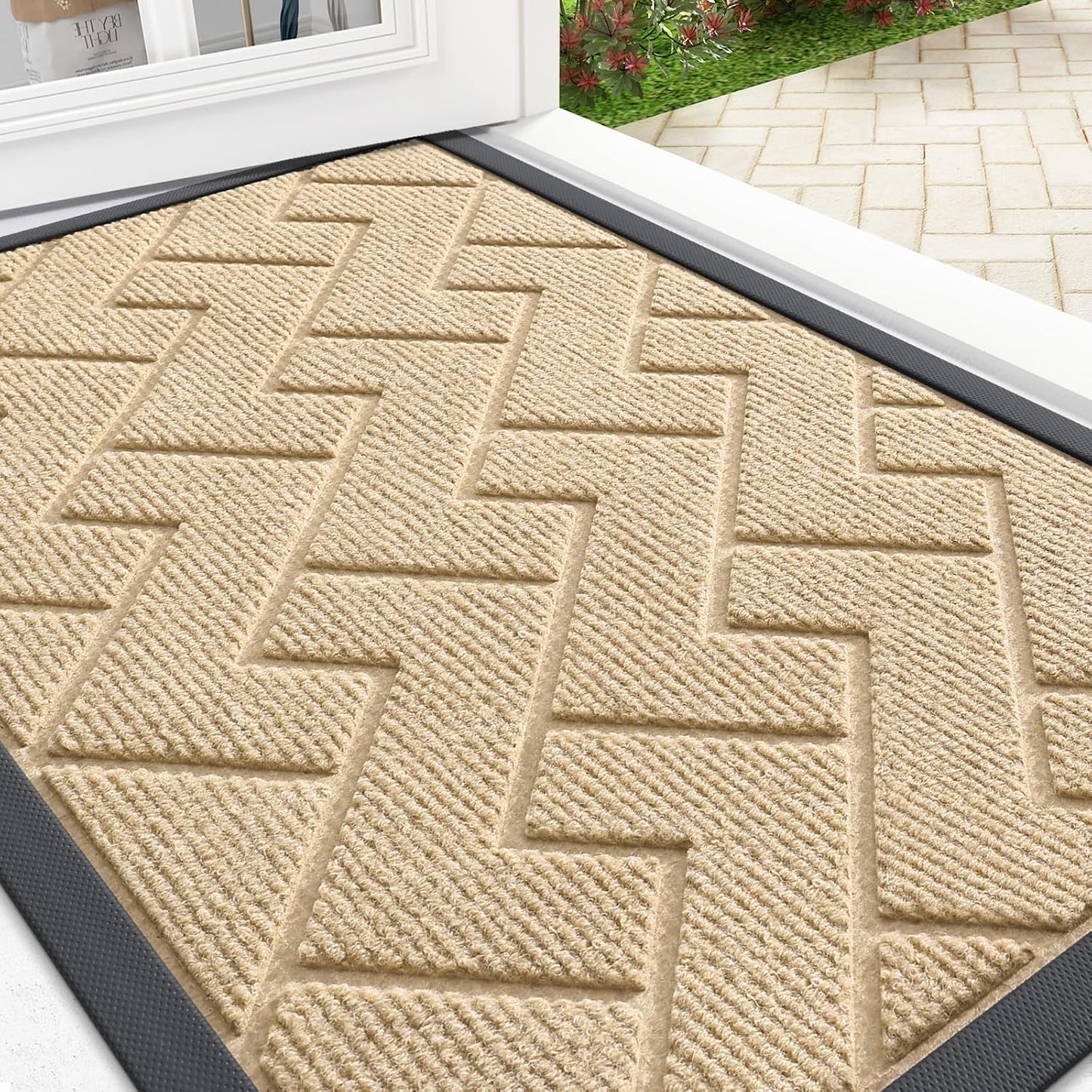 OLANLY Waterproof Front Door Mat - All-Season Herringbone Design | Easy Clean Natural Rubber, 36x24 Beige