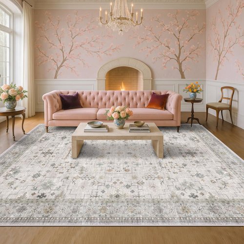 Hazo Haus Boho Living Room Rug - Light Grey Floral Design | Washable Low Pile 10x12 Area Rug