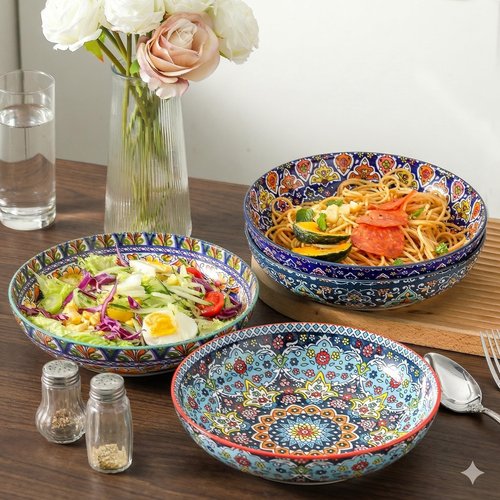glowworm Pasta Bowls Set of 4, 42 oz Ceramic Salad Bowls for Kitchen, 9.7 Inch Colorful Serving Bowls for Soup, Dinner, Fruit, Dishwasher & Microwave Safe, Bohemian