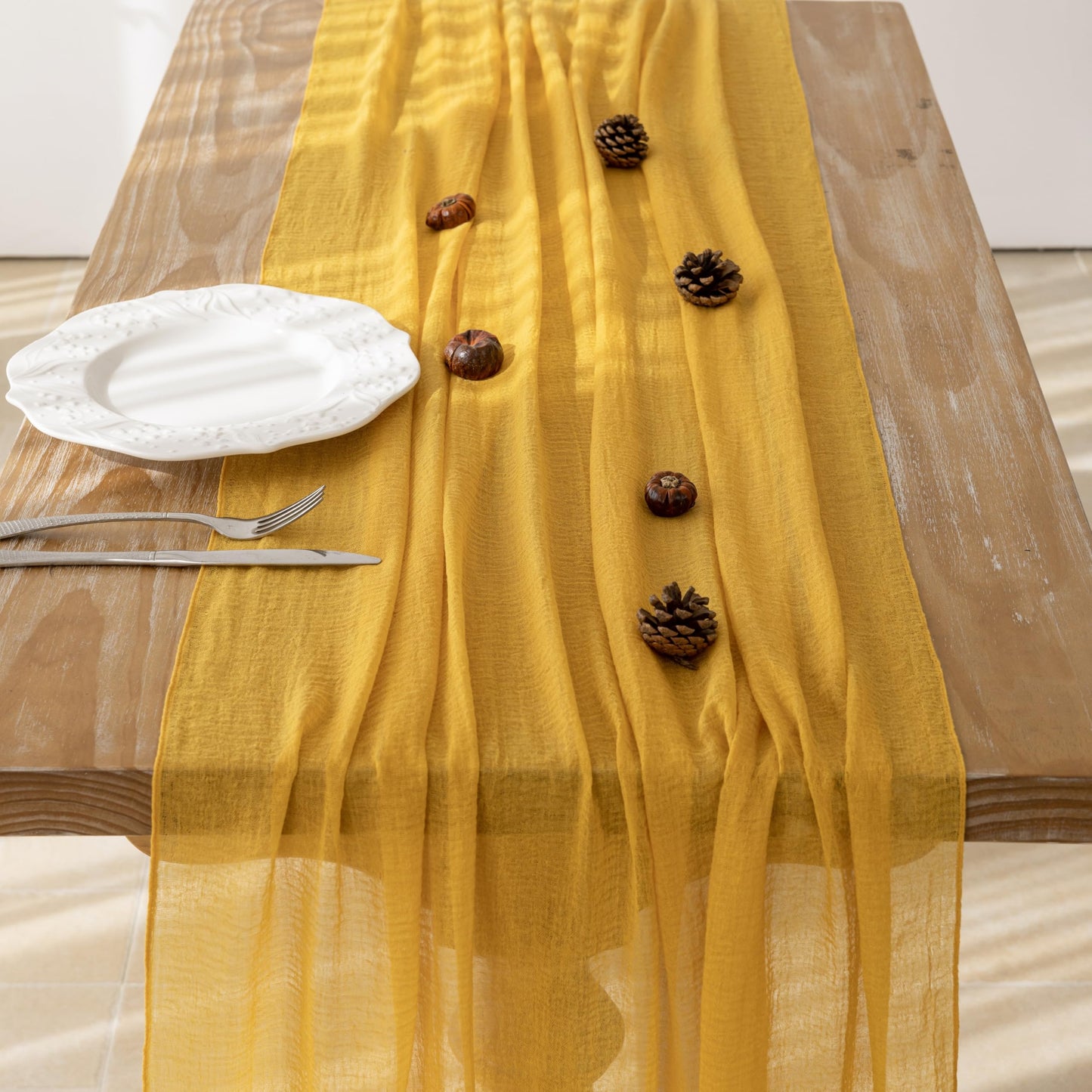 Keketoarrange 10pcs Golden Gauze Rustic Cheesecloth Table Runner 120 Inch 10 FT for Wedding Baby Shower Bridal Shower Birthday Engagement Garden Outdoor Party Long Sheer Boho Decorations