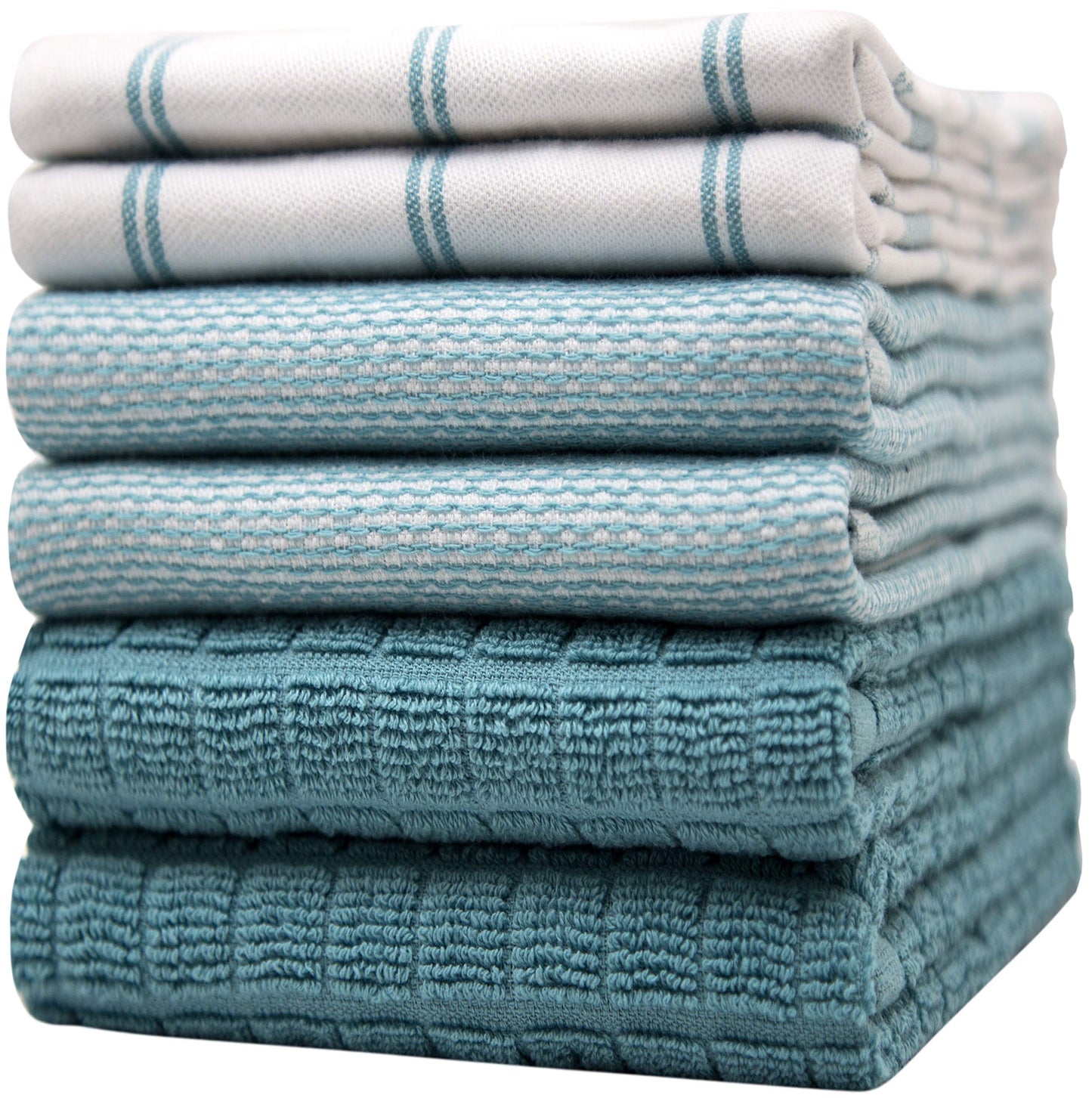 Premium Kitchen Towels (20”x 28”, 6 Pack) | Large Cotton Dish Towels | Flat & Terry Highly Absorbent Kitchen Linen Set with Hanging Loop | Teal Check