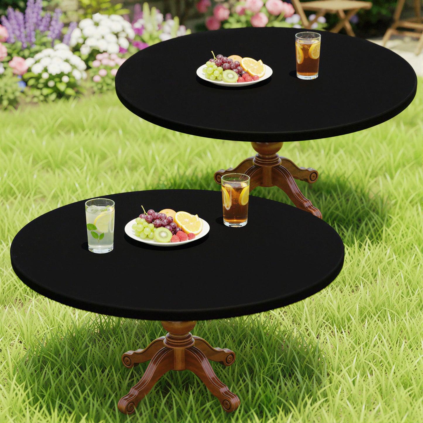 Moosfor Round Spandex Tablecloth 2 Pack, Elastic Fitted Waterproof Tablecloths for 36"-44" Tables, Stretch Washable Picnic Table Cover for Camping, Dining, Indoor and Outdoor, Black