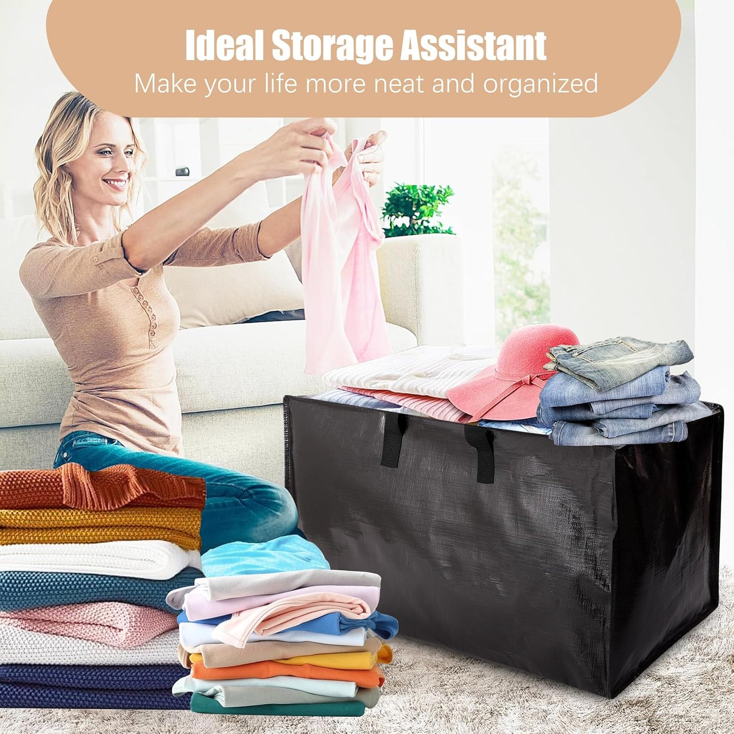 NATURELUX Heavy-Duty Moving Bags - Backpack Straps & Strong Handles - 6 Pack, Black Storage Solution