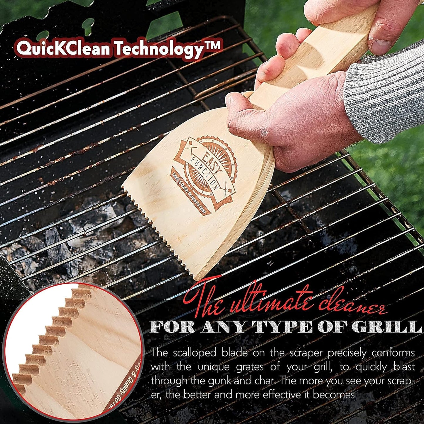 Wood Grill Scraper - Safe Wooden BBQ Brush Cleaner | Bristle-Free Barbecue Tool