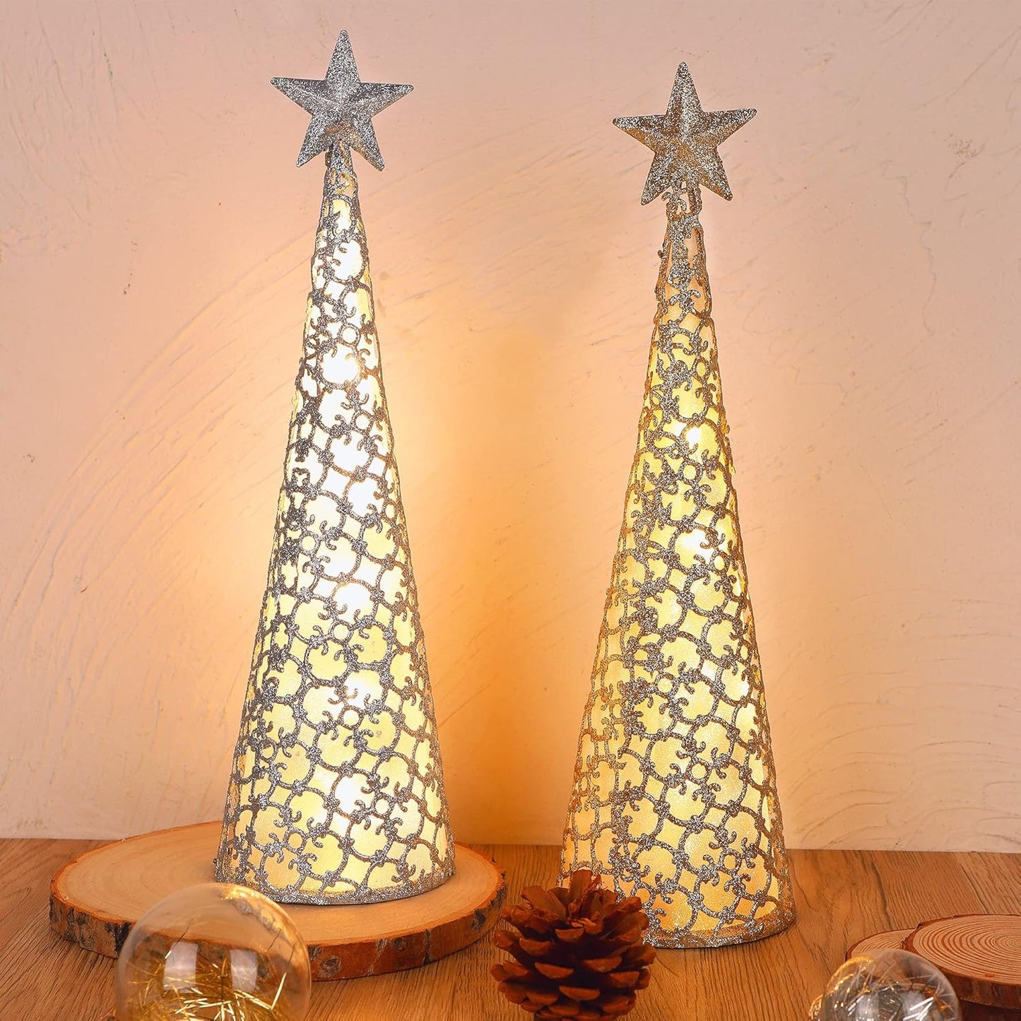 Juegoal Lighted Christmas Table Decorations - Star Design with 10 LED Lights | Set of 2 (Gold & Silver)