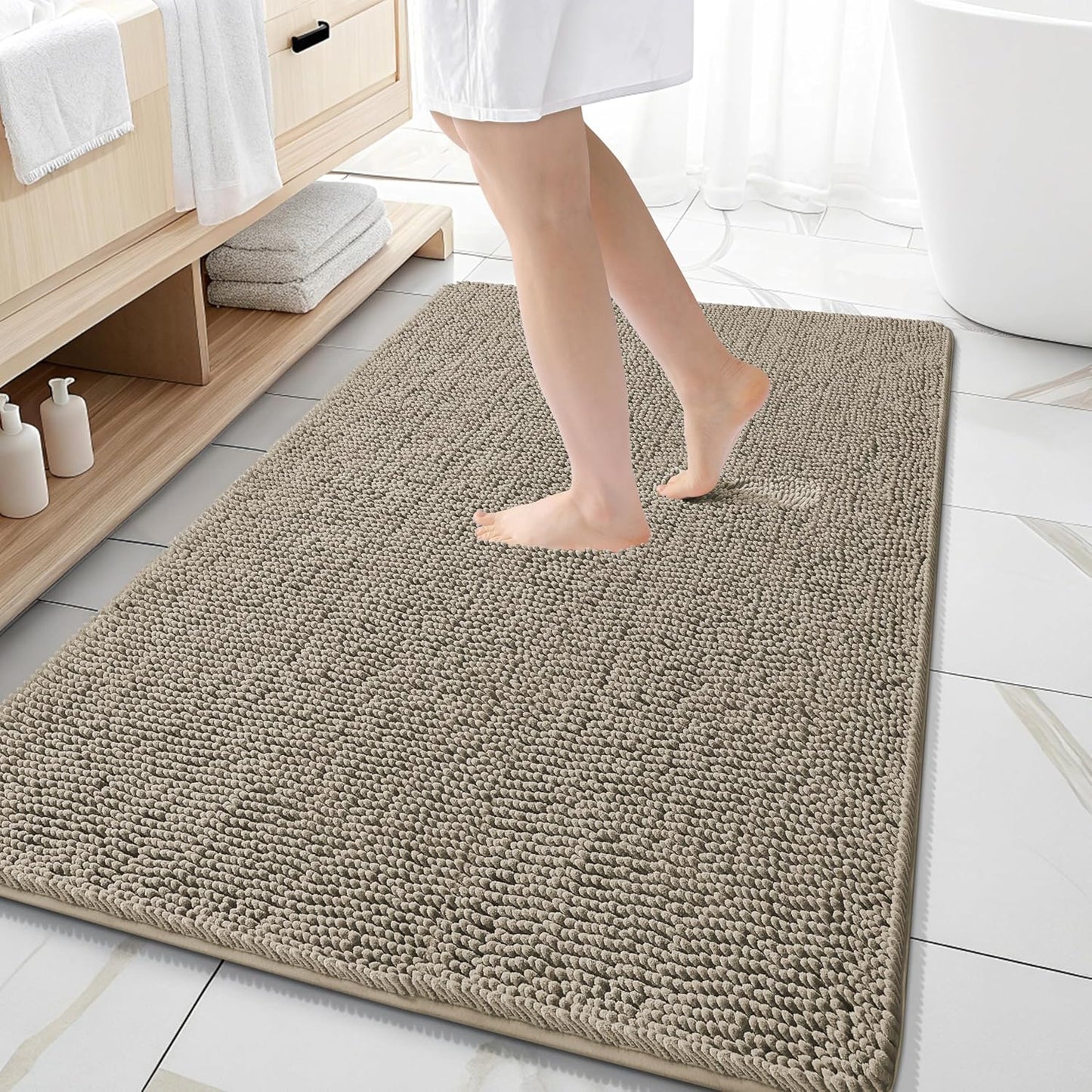 OLANLY Large Bathroom Rugs - Extra Soft Chenille Bath Mats | Quick-Dry, Machine Washable, 59x35, Warm Taupe