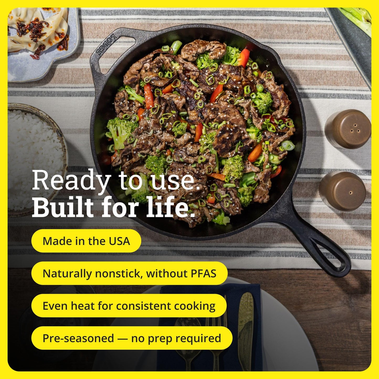 Lodge Seasoned Cast Iron Skillet - PFAS-Free, Non-Toxic Cookware - Use with an Oven, Stove, Grill, or Campfire - Naturally Non-Stick & Oven Safe - 12 Inches