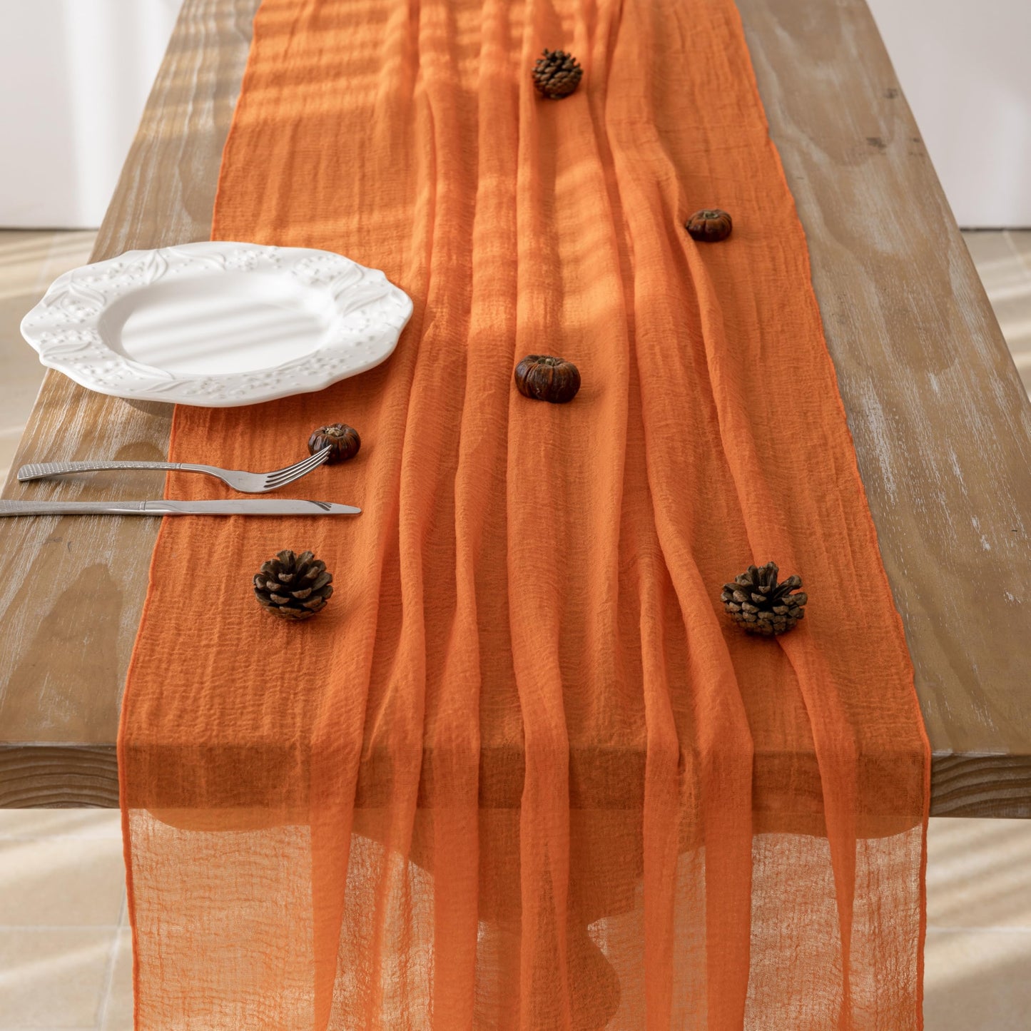 Keketoarrange 6pcs Orange Gauze Rustic Cheesecloth Table Runner 120 Inch 10 FT for Wedding Baby Shower Bridal Shower Birthday Engagement Garden Outdoor Party Long Sheer Boho Decorations