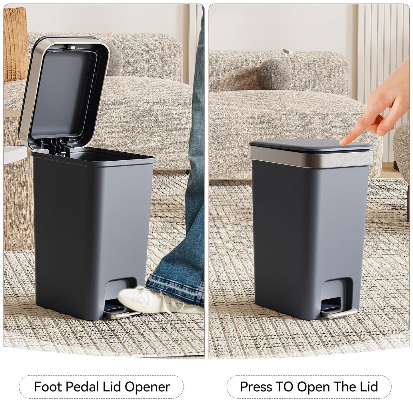 Skiennix Small Bathroom Trash Can - Soft Close Lid, 10L Slim Metal Waste Basket | Dark Gray