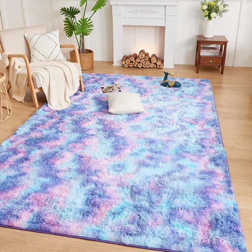 Andency 5x8 Shag Area Rug for Living Room, Tie-Dyed Unicorn Rainbow Soft Fuzzy Plush Indoor Carpets for Bedroom, Non Skid Fluffy Faux Fur Rug for Room