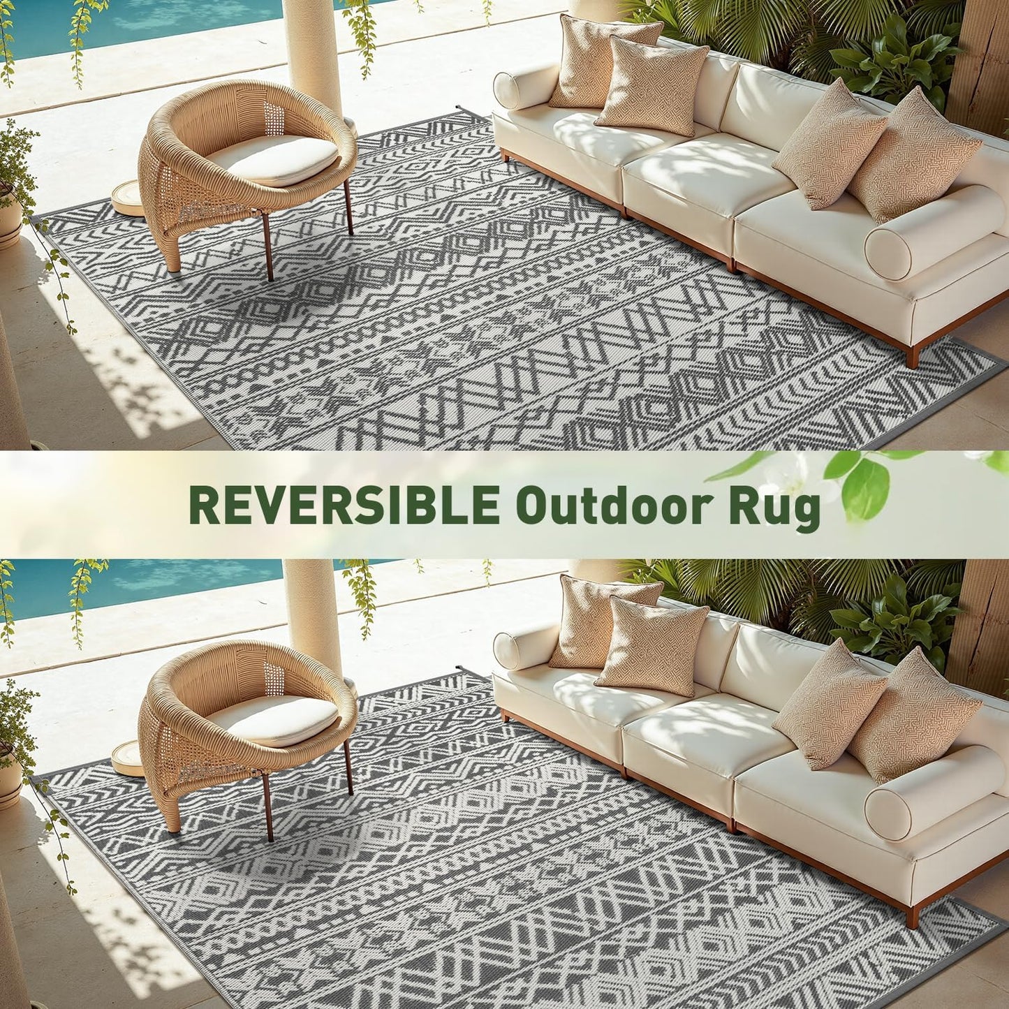 MontVoo Outdoor Rug - Waterproof Reversible 5x8 Patio Mat for RV, Camping, Beach, Boho Grey