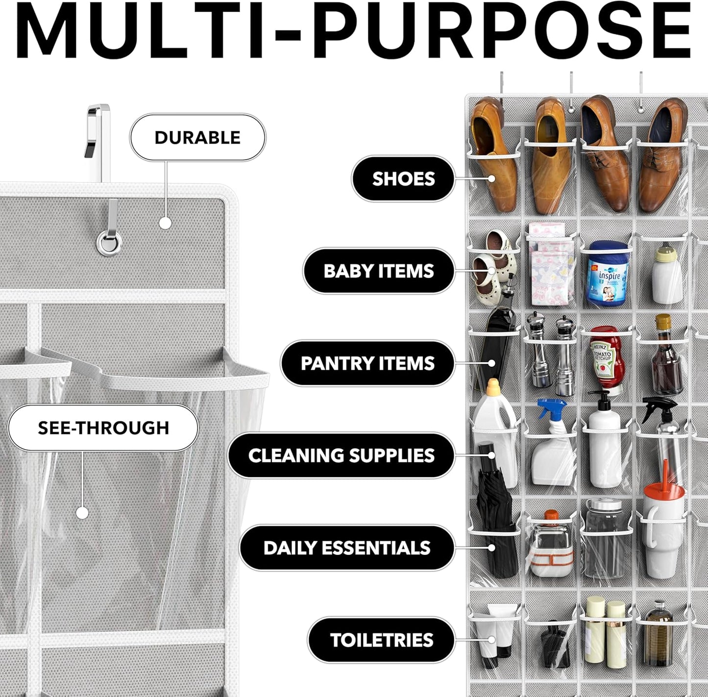 Simple Houseware Over The Door Shoe Organizer - 40 Large Clear Pockets, Gray (75.4" x 27.25")