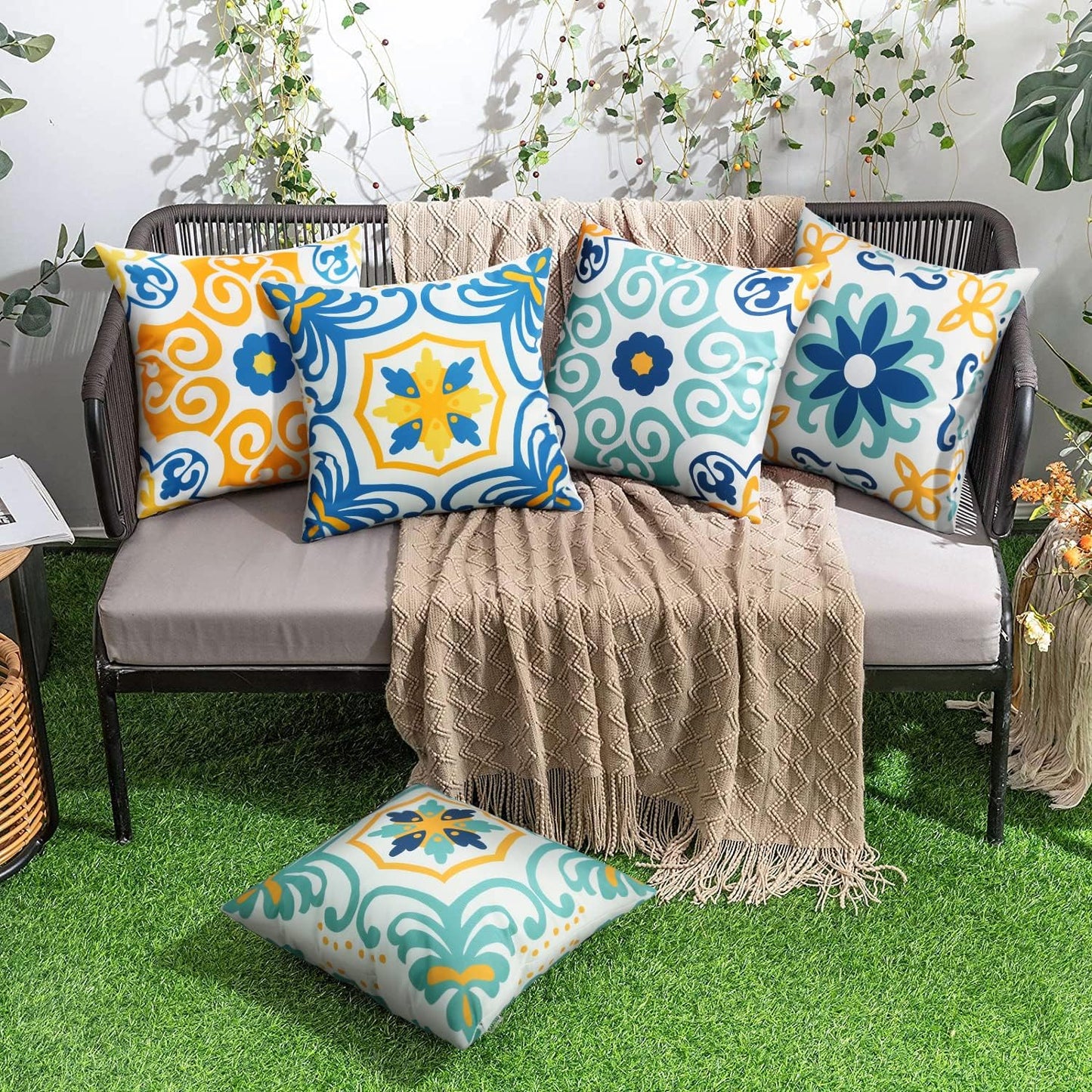 Pyonic Outdoor Pillow Covers - Waterproof 16x16 Spring/Summer Garden Cushion Cases | Set of 4, Blue