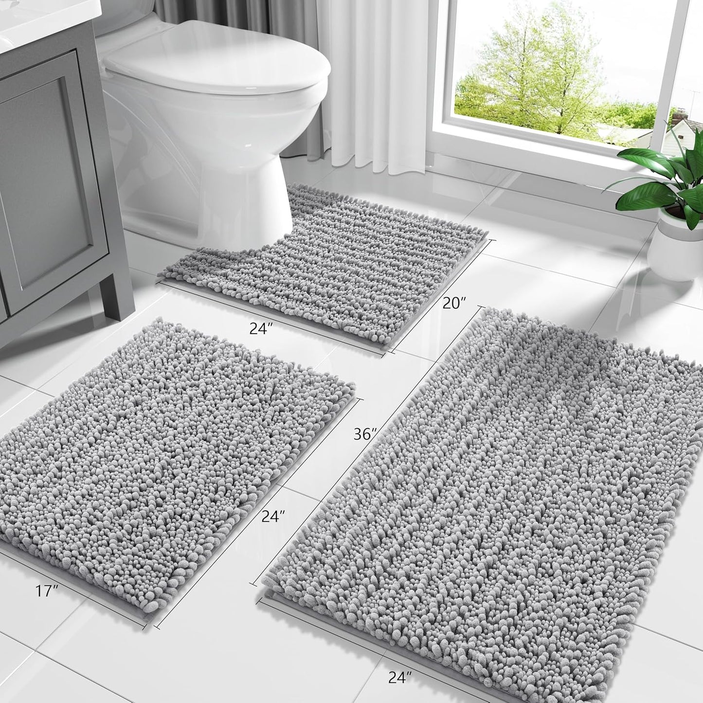 Yimobra Non-Slip Bathroom Rug - Ultra Soft Chenille Bath Mat, Quick Dry Shaggy Carpet, Gray | 24x17 Inch