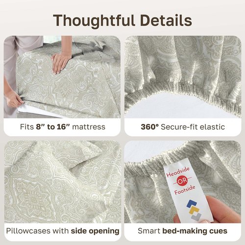 California Design Den 100% Cotton Queen Sheets - 400 TC Award-Winning Sateen Finish, Deep Pockets, Paisley Beige