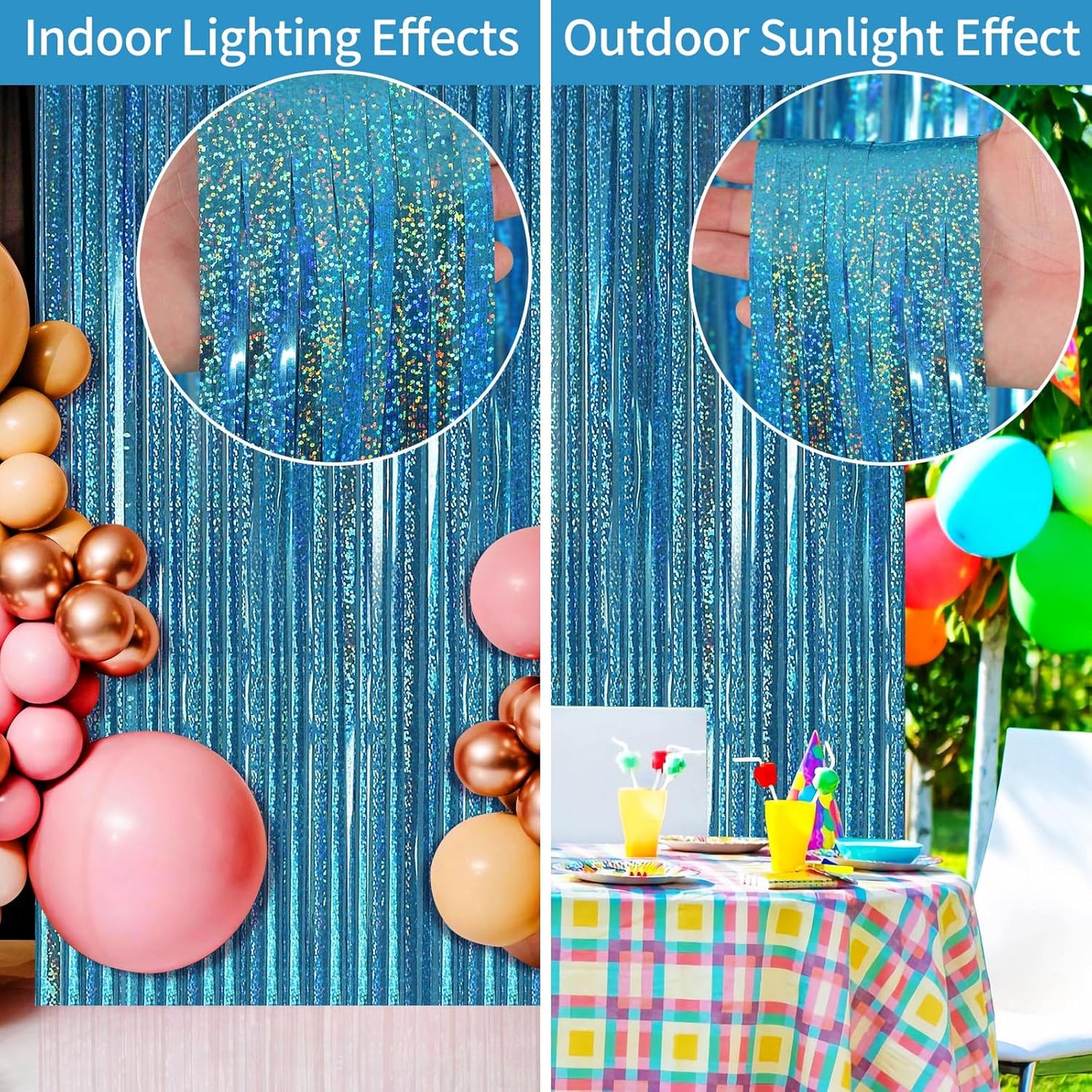 Picoway Blue Laser Foil Fringe Tinsel Backdrop Curtains - 4 Pack for Ocean-Themed Parties & Events