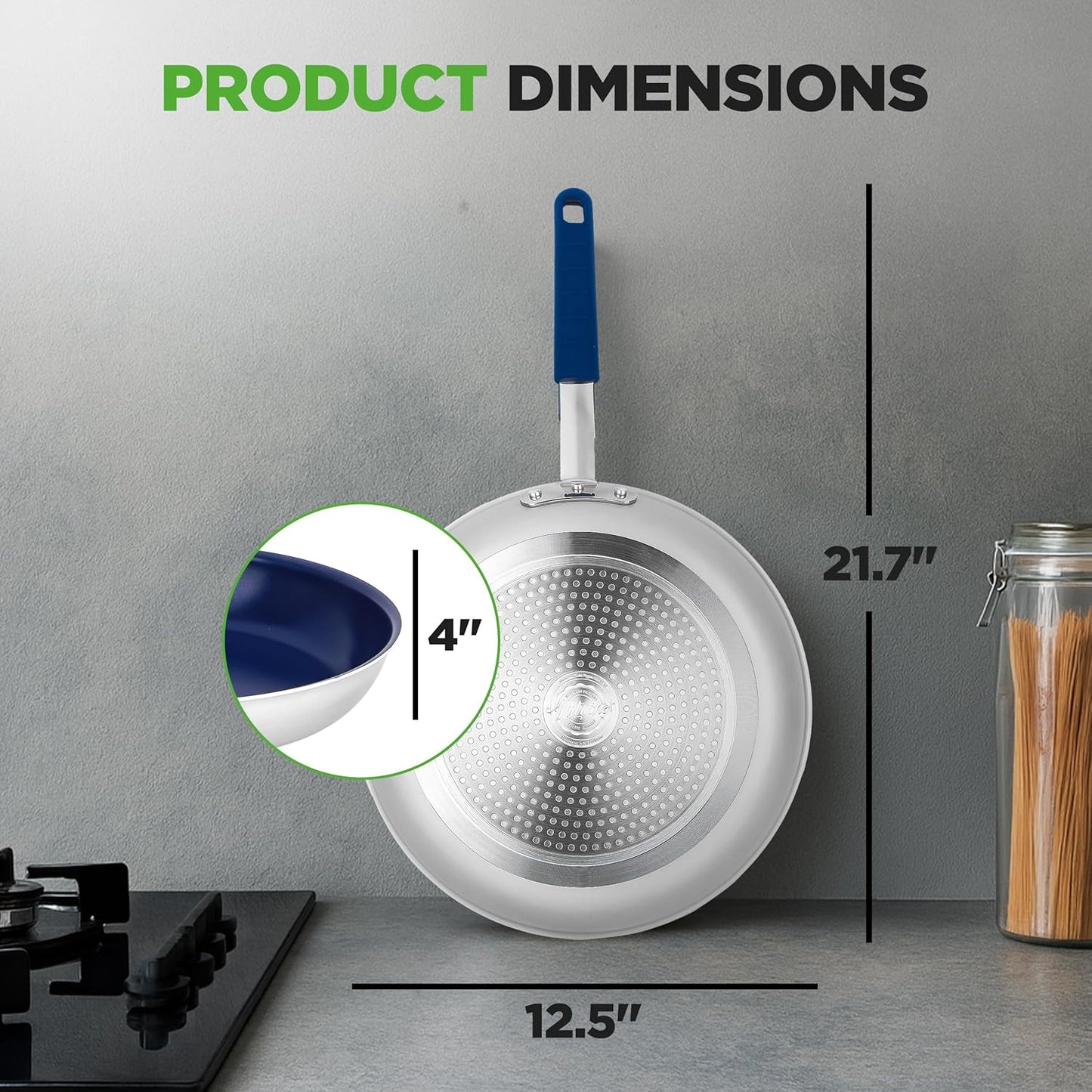 NutriChef 12" Nonstick Fry Pan with Lid - Stain-Resistant Ceramic Coating & Blue Silicone Handle