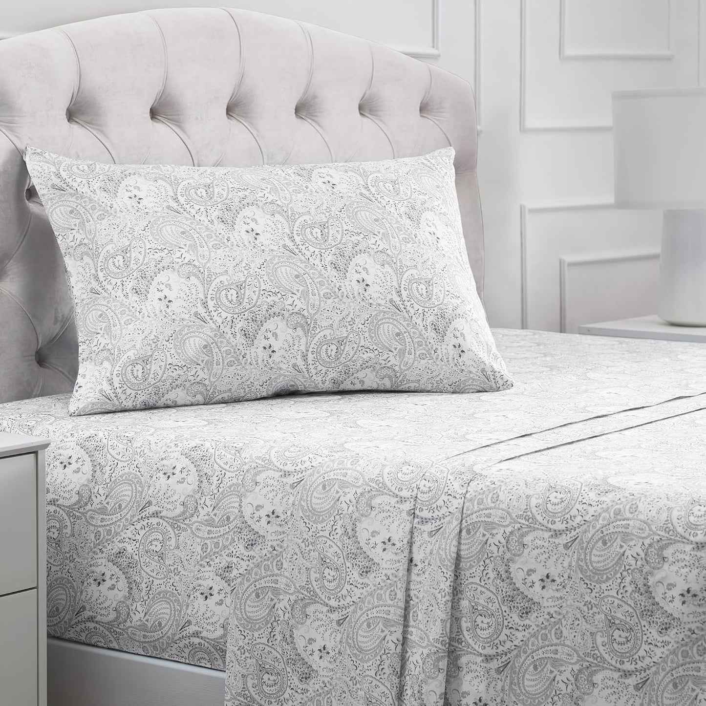 Mellanni Twin Sheets Set - 3 PC Hotel Luxury Bedding | Extra Soft, Cooling, Wrinkle & Stain Resistant (Twin, Paisley Gray)