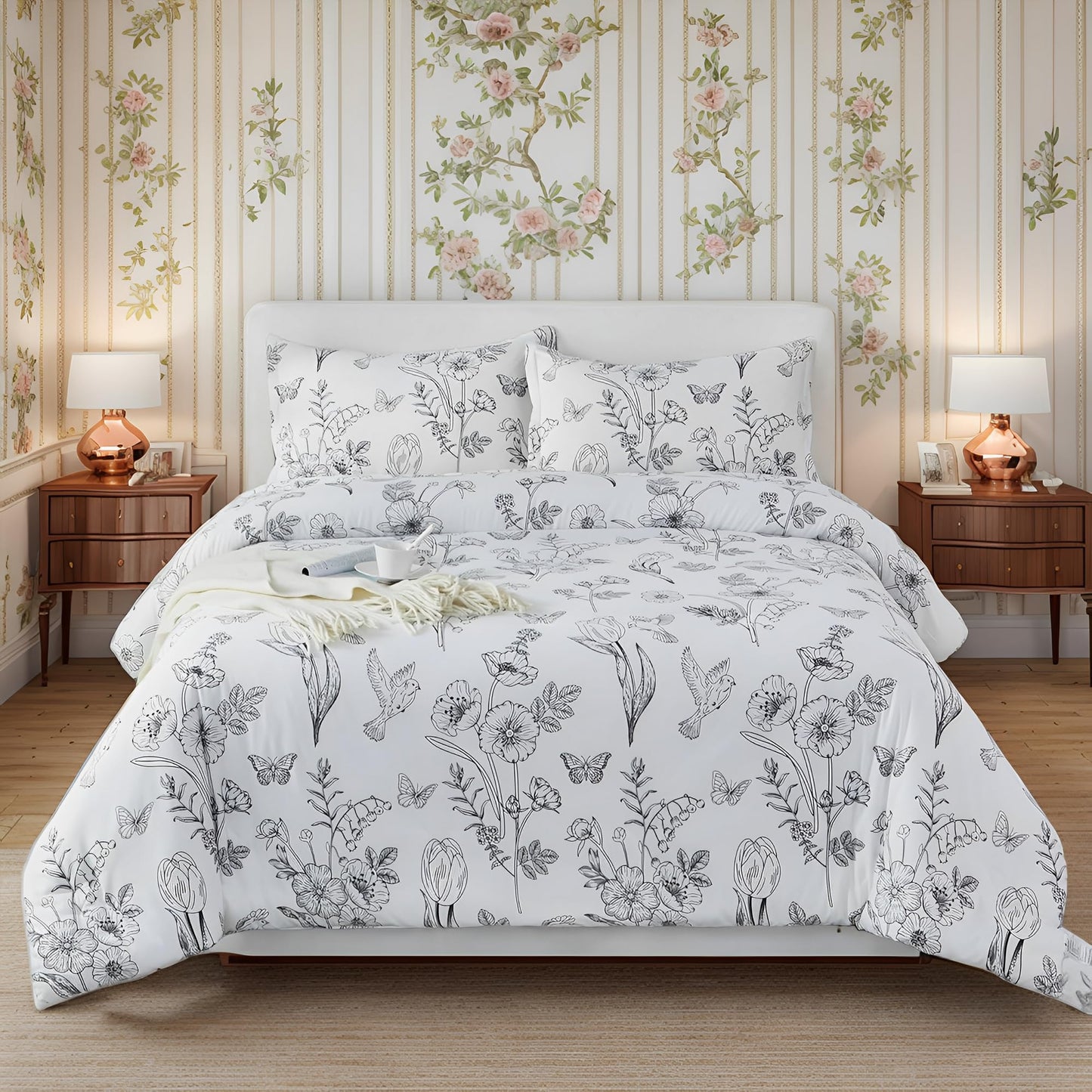 Usfivefam King Size White Floral Comforter Set with Butterfly & Bird Toile Patterns - 3 Piece Lightweight Soft Microfiber Botanical Print Quilt Set for All Seasons