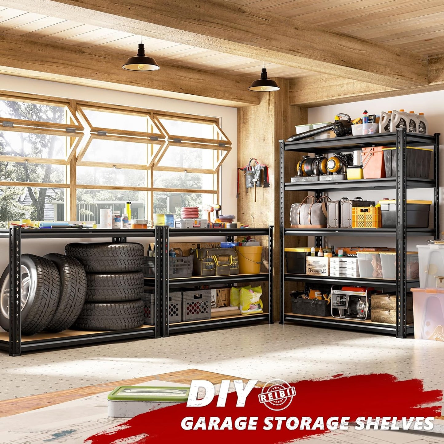 REIBII 5-Tier Heavy Duty Storage Shelves - Adjustable Utility Rack for Garage, Pantry & Closet | 35.5" W x 11.9" D x 72" H, Black