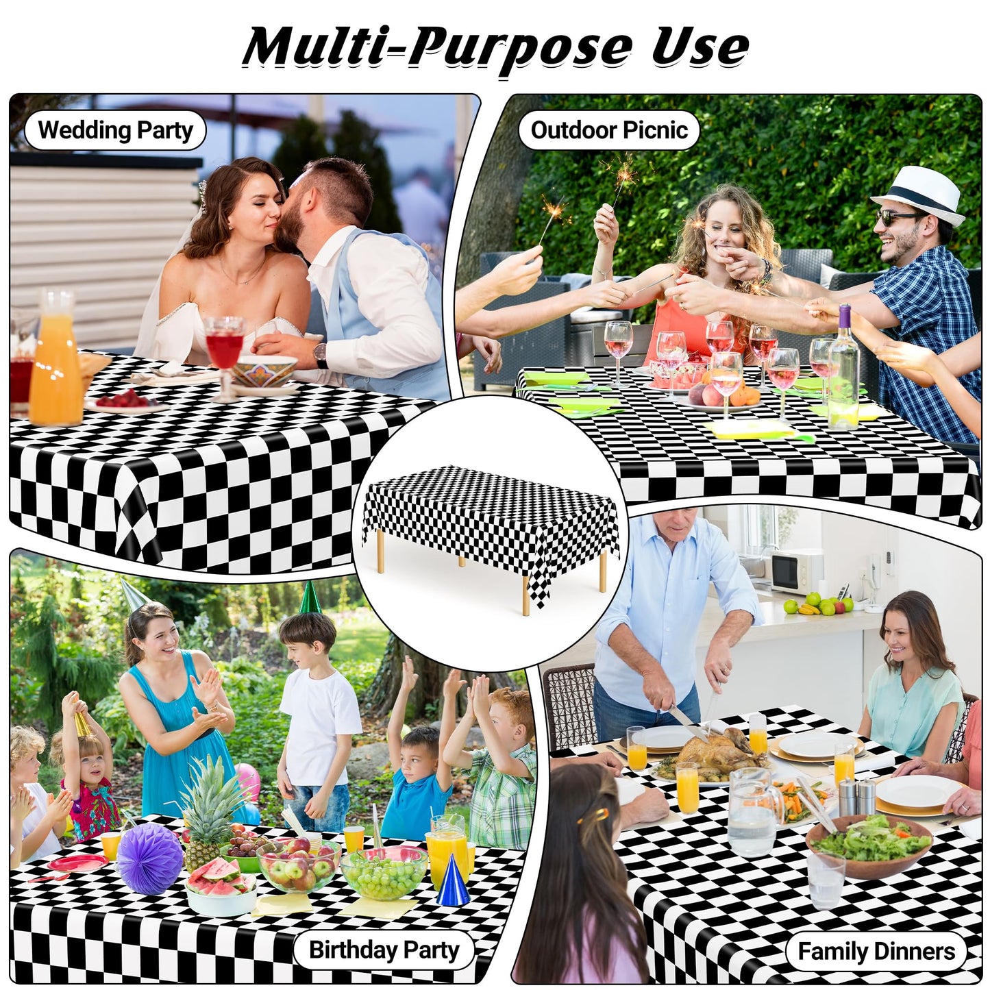 QZYL 4Pack Plastic Table Cloth Disposable, 54" x 108" Waterproof Tablecloths Rectangular, Black and White Checkered Table Cover for Picnic Birthday Party Supplies Outdoor Gathering BBQ Holiday Dinner