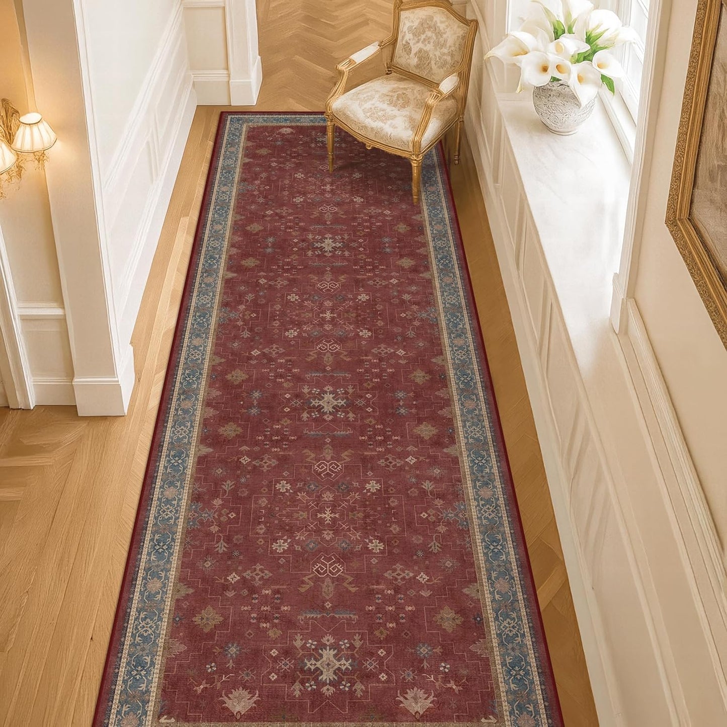 Regine Switzerland Dark Red 2'6''x8' Hallway Runner Rug - Washable Non-Slip Burgundy Floral Décor