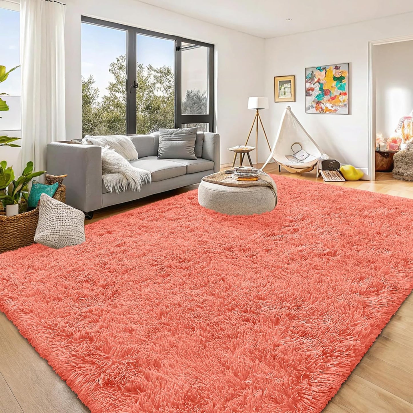 OLANLY Large Machine Washable Area Rug - Soft Fluffy Shaggy Carpet for Living Room & Bedroom | Coral Red 9x12