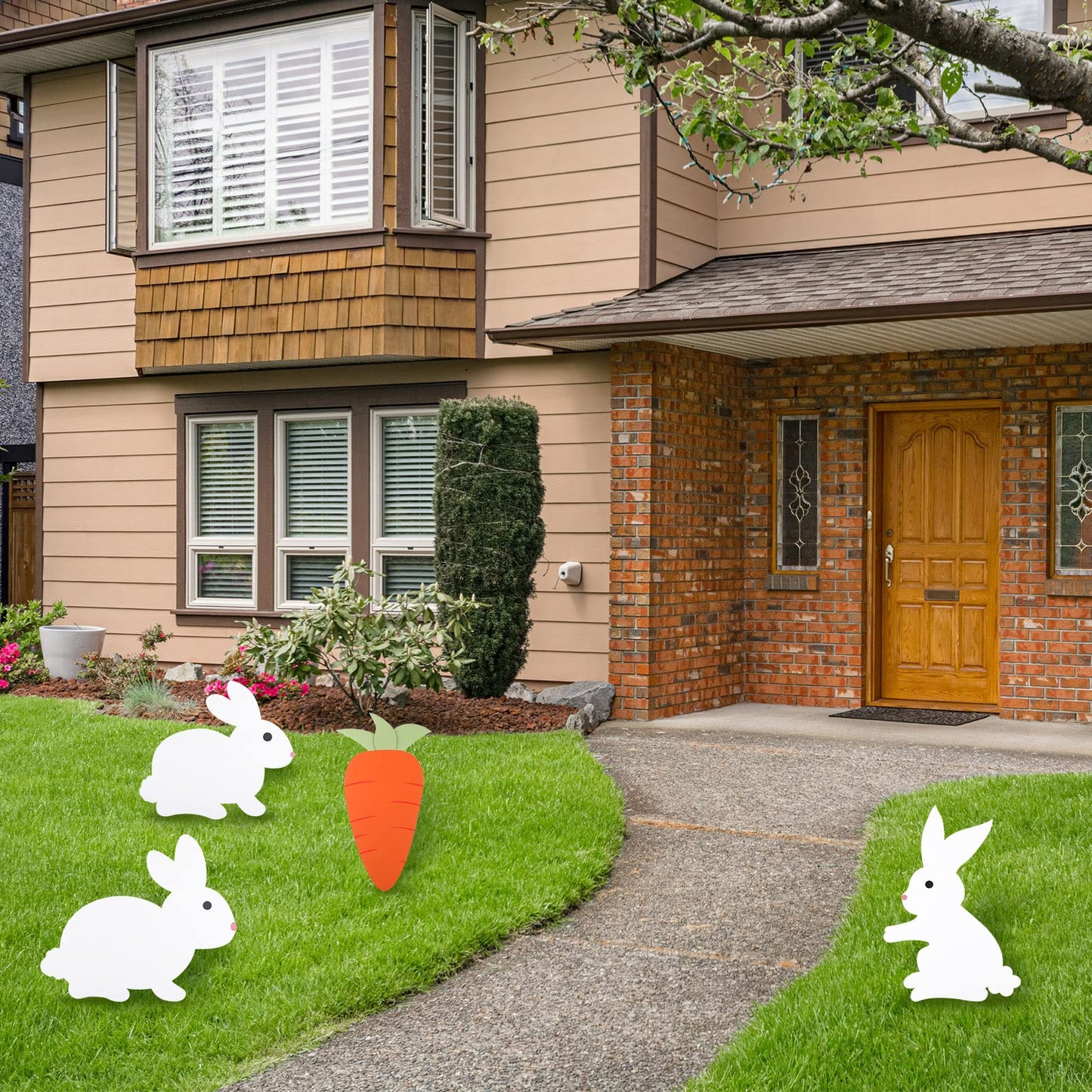 Yookeer 4 Pcs Easter Bunny Yard Signs Decorations Double Sided Bunny Carrot Lawn Sign Outdoor Rabbit Yard Signs with Stakes for Easter Hunt Game Party Supplies Pathway Walkway Decor